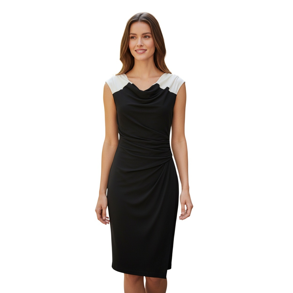 Lauren Ralph Lauren Black White Sheath Dress Cap Sleeve Ruched Sz 10